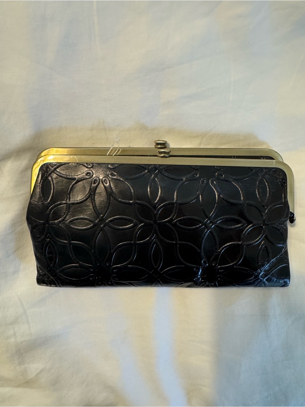 HOBO Black Embossed Leather Frame Clutch with Gold Trim